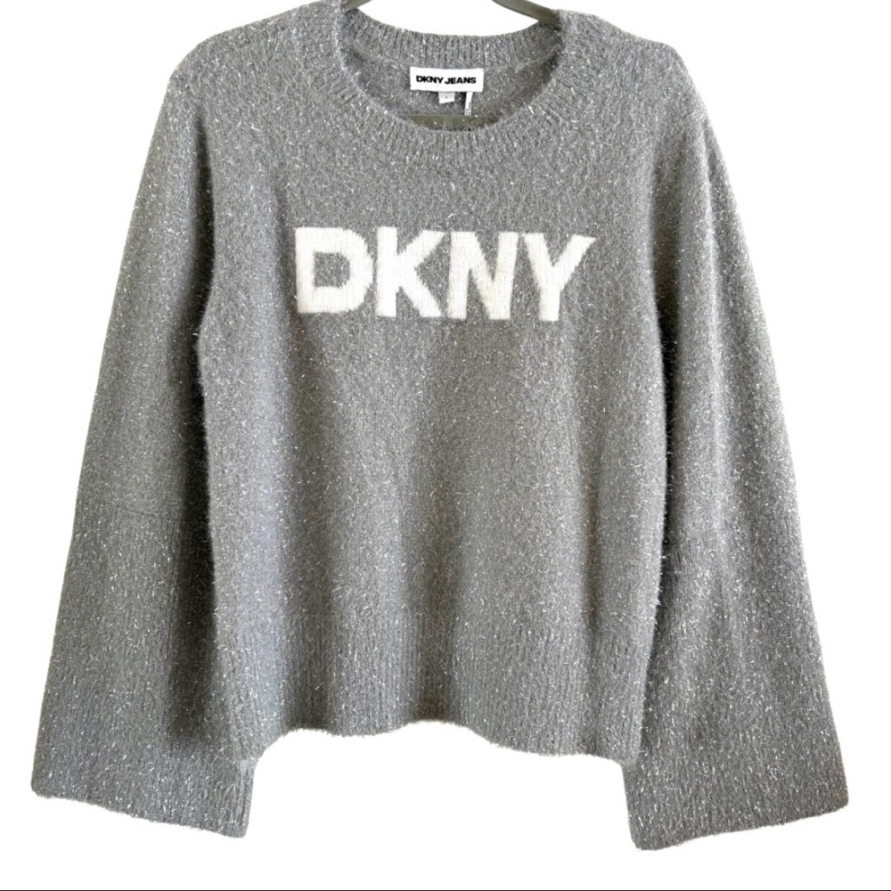 DKNY Metallic Tinsel Women's Wide Sleeve Chunky Sweater Sz Large NWT Silver Grey